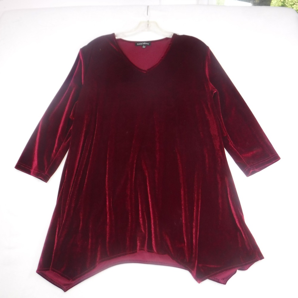 Ronnie Salloway Womens L Burgundy Red Velvet V-Neck Sharkbite Tunic Top 3/4 Slv